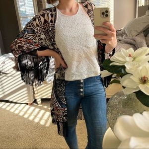 Fringe Boho Kimono Duster Coverup Aztec Tribal Small